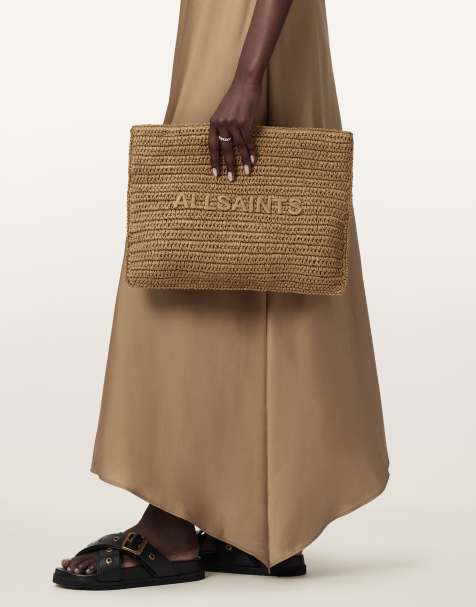 AllSaints bettina large woven straw clutch bag in brown - view 1