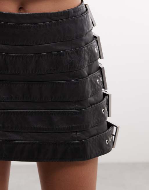 AllSaints Betty leather buckle mini skirt in black, 3 of 5