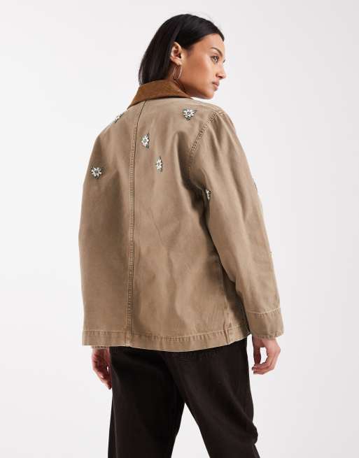 AllSaints - Bex - Vintagebrun denimjakke med blomsterbroderi og fløjlskrave, 4 af 4