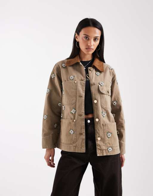 AllSaints – Bex – Vintagebrun jeansjacka med manchesterkrage och blommigt broderi