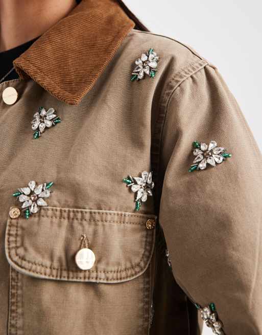 AllSaints – Bex – Vintagebrun jeansjacka med manchesterkrage och blommigt broderi, 3 av 4