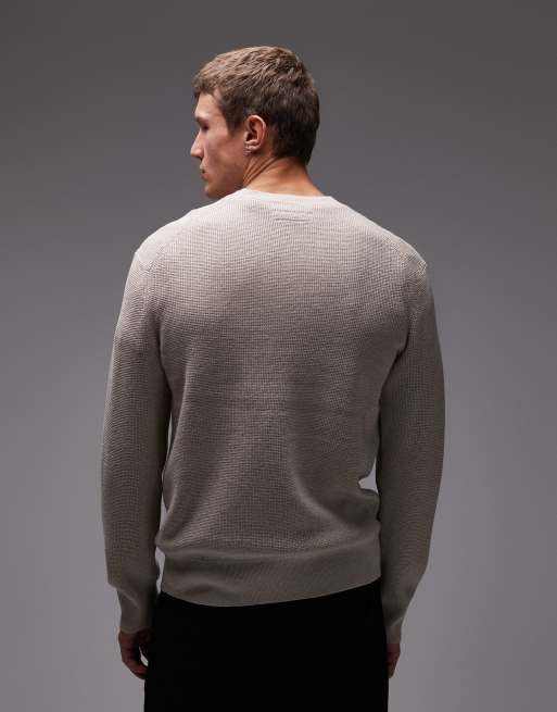 AllSaints – Beżowy sweter z okrągłym dekoltem z dzianiny o waflowej strukturze, 3 z 5