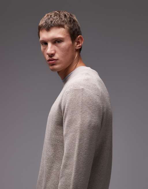 AllSaints – Beżowy sweter z okrągłym dekoltem z dzianiny o waflowej strukturze, 4 z 5