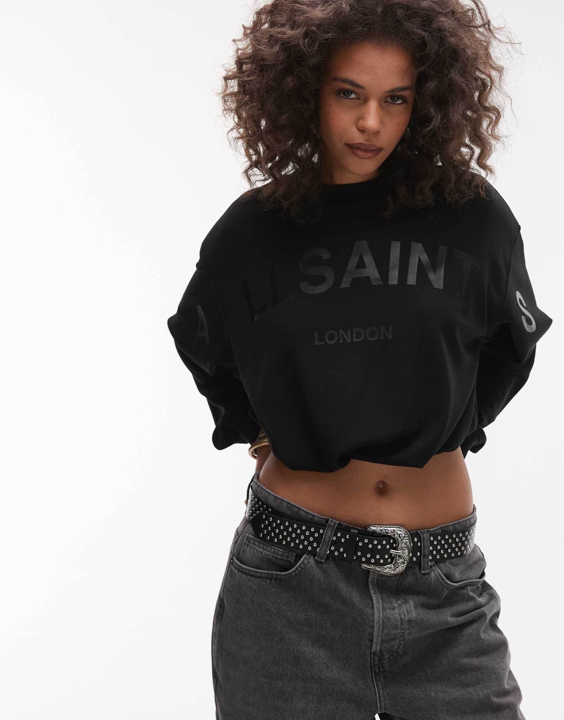 allsaints biggy aster tonal logo sweatshirt in black