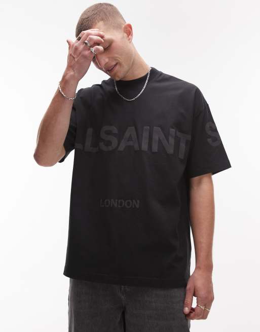 AllSaints – Biggy – Oversize-T-Shirt in Schwarz mit farblich abgestimmtem Logo