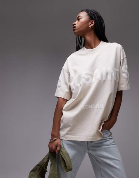 AllSaints - Biggy - T-shirt oversize color pietra con logo tono su tono - view 1
