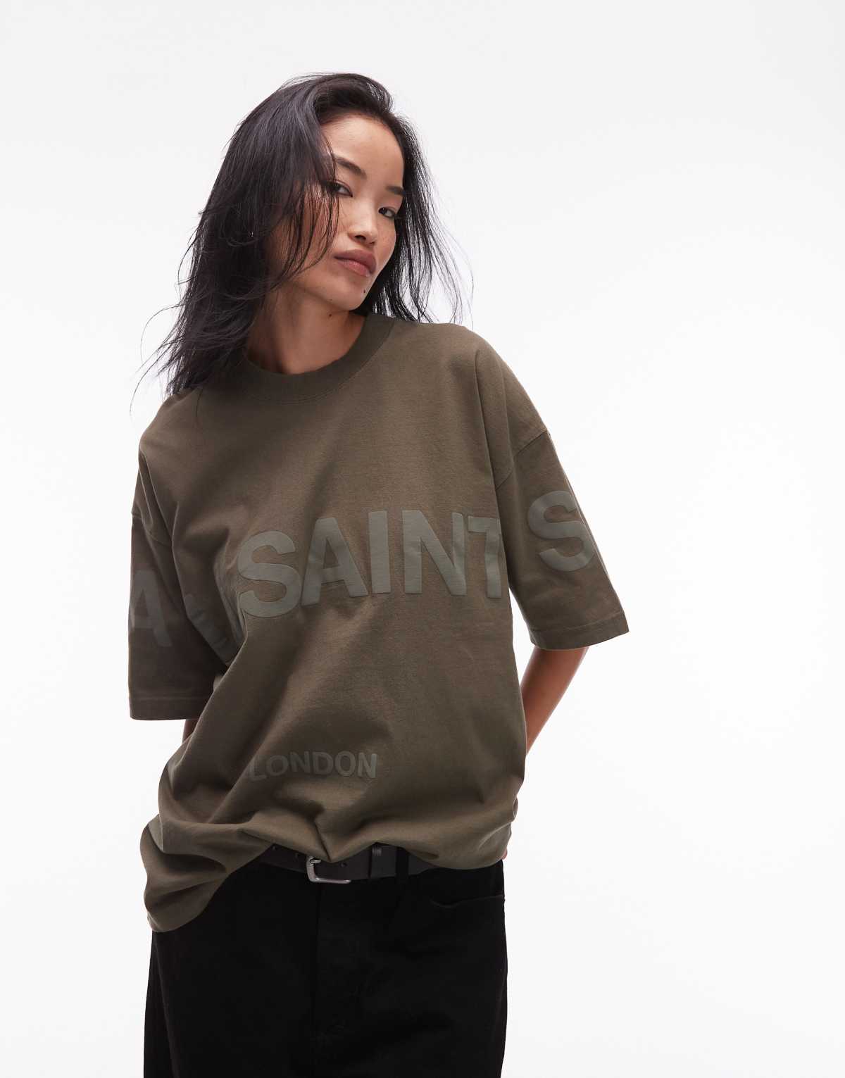 AllSaints Biggy tonal logo oversized t-shirt in khaki - KHAKI