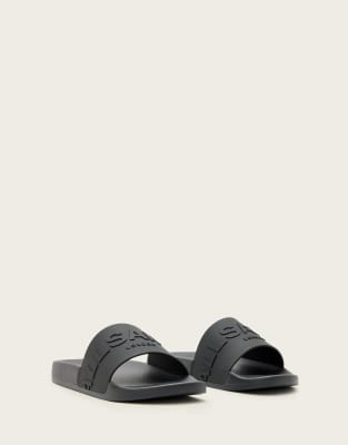 Size 12.0 AllSaints AllSaints Biggy tonal logo rubber sliders in black sandals