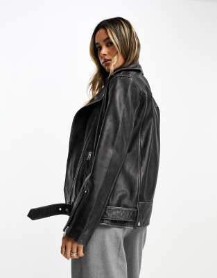 AllSaints Billie oversized leather biker jacket in black | ASOS