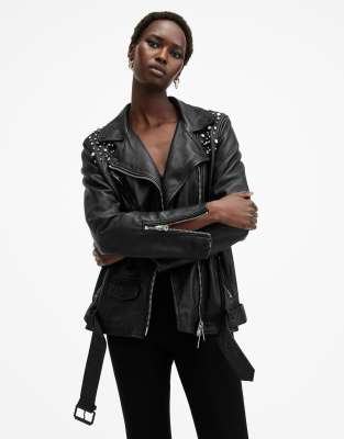 AllSaints - Billie - Verzierte Bikerjacke in Schwarz