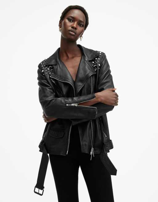 AllSaints – Billie – Verzierte Bikerjacke in Schwarz