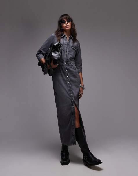 AllSaints Blair denim maxi dress in washed black - view 1