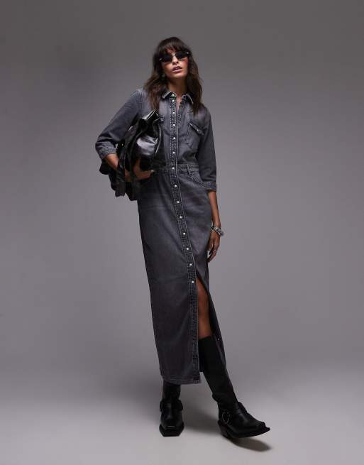 AllSaints – Blair – Jeansowa sukienka maxi w spranym czarnym kolorze