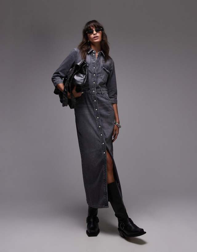 allsaints blair denim dress - - Robe longue en jean - Noir délavé Hansen and Gretel Akacia Size:X-Large 14 EW_BDAY50
