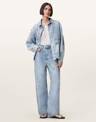 Allsaints Blake Embellished Wide Leg Jeans In Light Indigo
