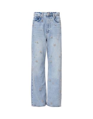 Allsaints Blake Embellished Wide Leg Jeans In Light Indigo