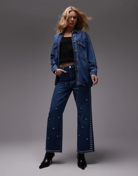 AllSaints Blake studded jeans in mid indigo - view 1