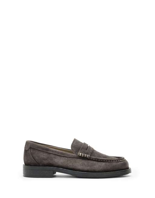 AllSaints – Bloom – Loafer aus Wildleder in warmem Grau