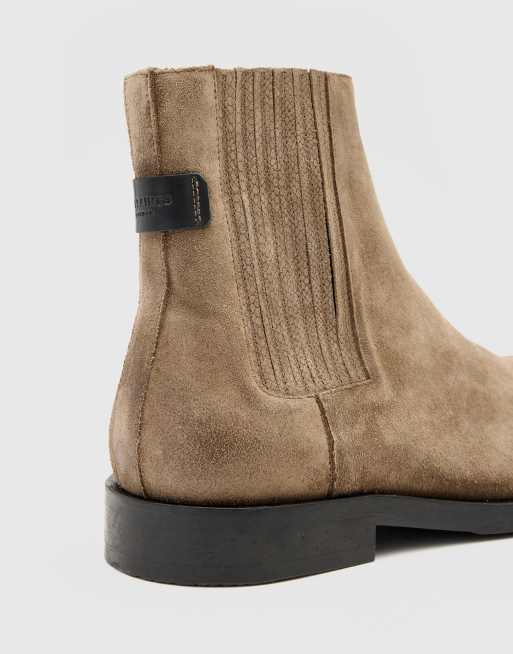AllSaints Bloom suede Chelsea boots in stone gray | ASOS