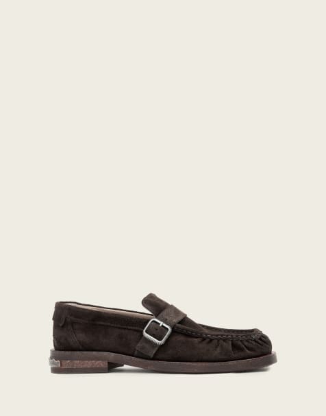 AllSaints Blossom buckle suede leather loafers in dark brown - view 1