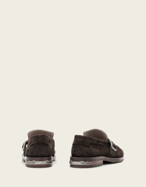 AllSaints Blossom buckle suede leather loafers in dark brown, 2 of 4