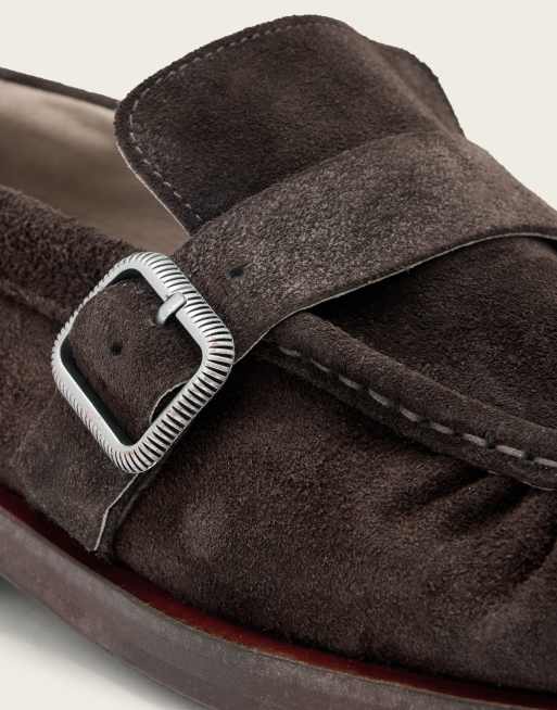 AllSaints Blossom buckle suede leather loafers in dark brown, 3 of 4