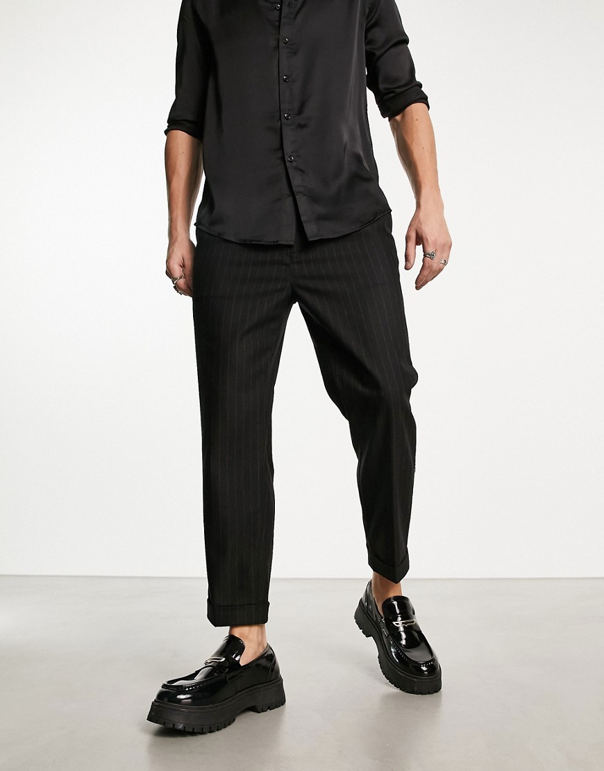 AllSaints Blues cropped tapered pants in black pinstripe