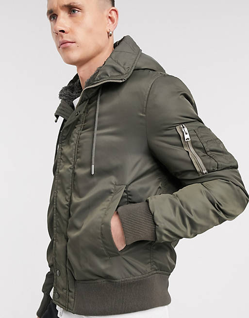 AllSaints bomber jacket with MA1 and oversized hood in brown | ASOS