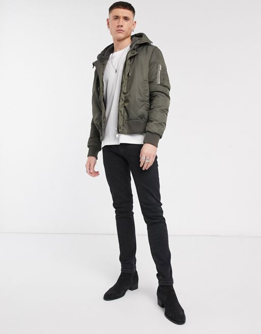 AllSaints bomber jacket with MA1 and oversized hood in brown