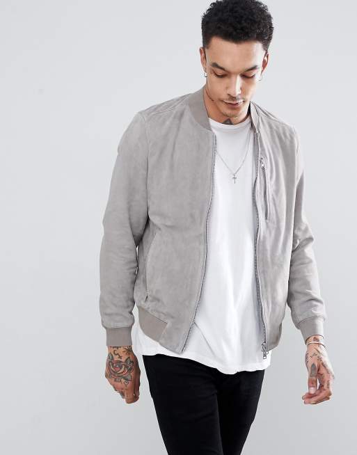 AllSaints – Bomberjacke aus hellgrauem Wildleder