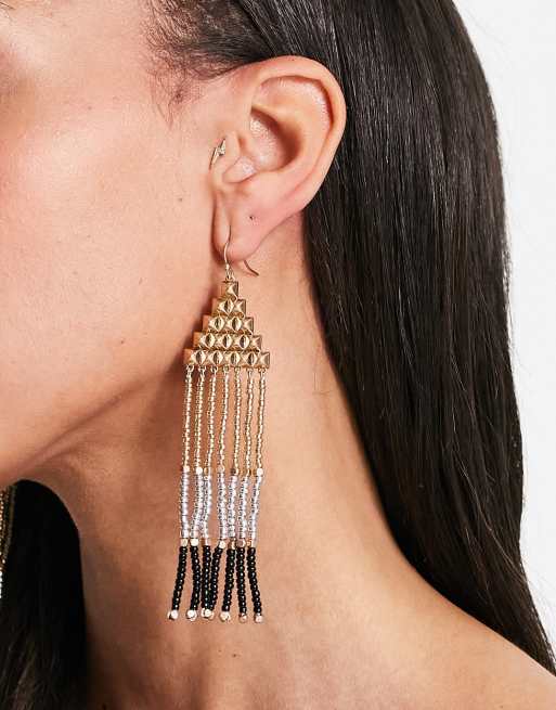 AllSaints - Boucles d'oreilles à pendentif pyramidal orné de perles - Doré et noir