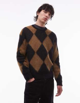 Allsaints Bower crew neck diamond knitted jumper in black / brown