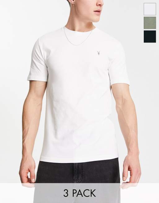 AllSaints Brace 3 pack brushed cotton t-shirts in black/white/green