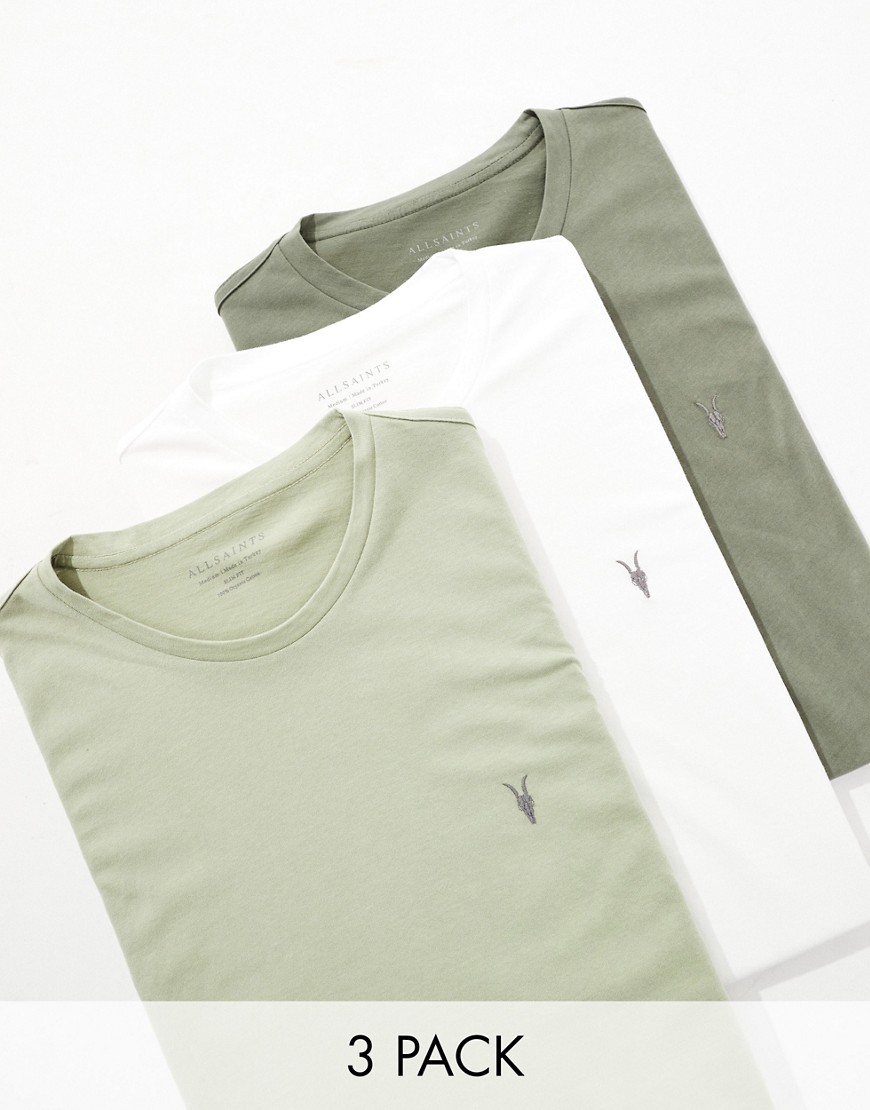 AllSaints Brace 3-pack brushed cotton t-shirts in green multi