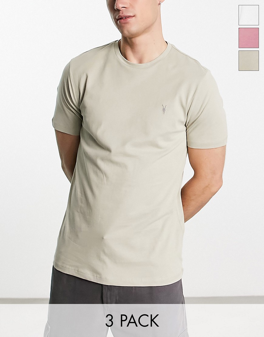 AllSaints Brace 3 pack brushed cotton t-shirts in sage green/white/pink-Multi