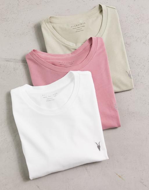 AllSaints Brace 3 pack brushed cotton t-shirts in sage green / white / pink, 4 of 4