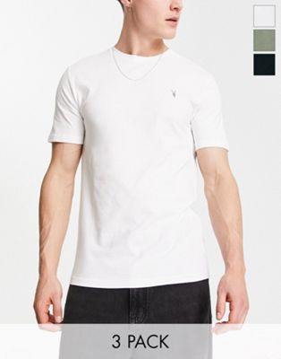 AllSaints Brace 3 pack brushed cotton t-shirts in black/white/green