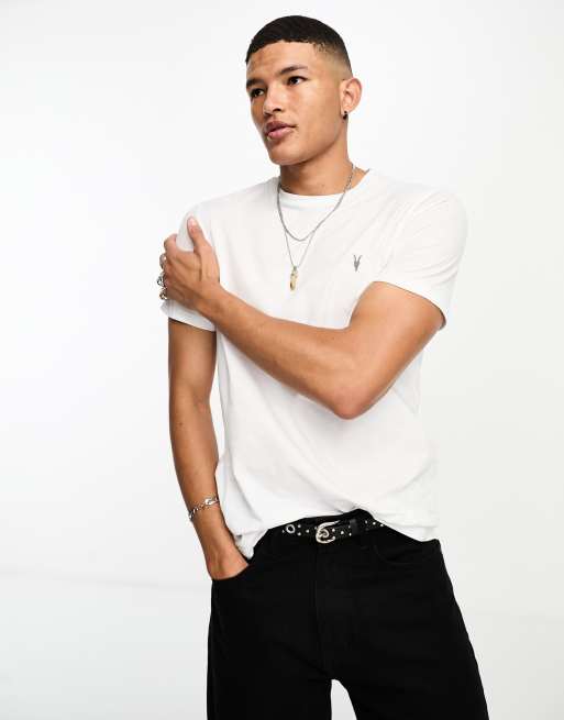 AllSaints – Brace – Biały T-shirt ze szczotkowanej bawełny
