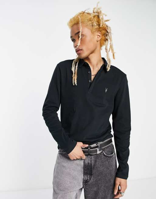 AllSaints Brace brushed cotton long sleeve polo in jet black ASOS