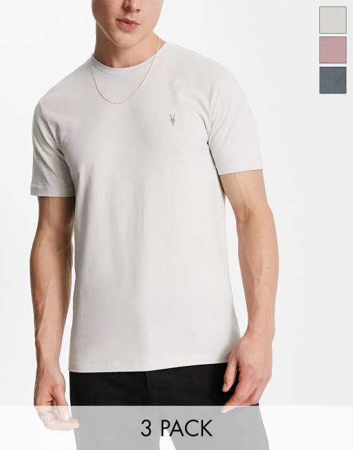 AllSaints – Brace – Grå/rosa/blå t-shirts i borstad bomull, 3-pack