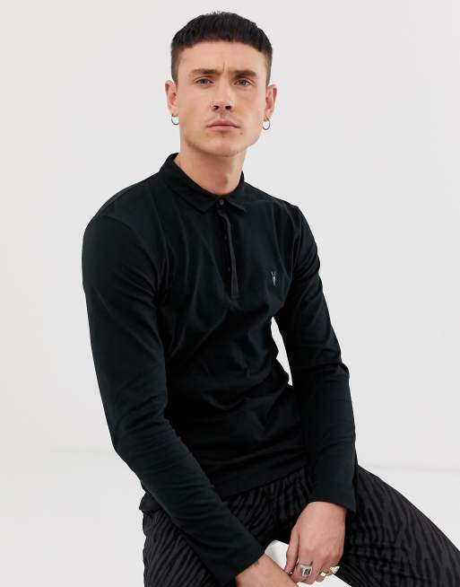 AllSaints – Brace – Langärmliges, schwarzes Polohemd mit Widderkopf-Logo