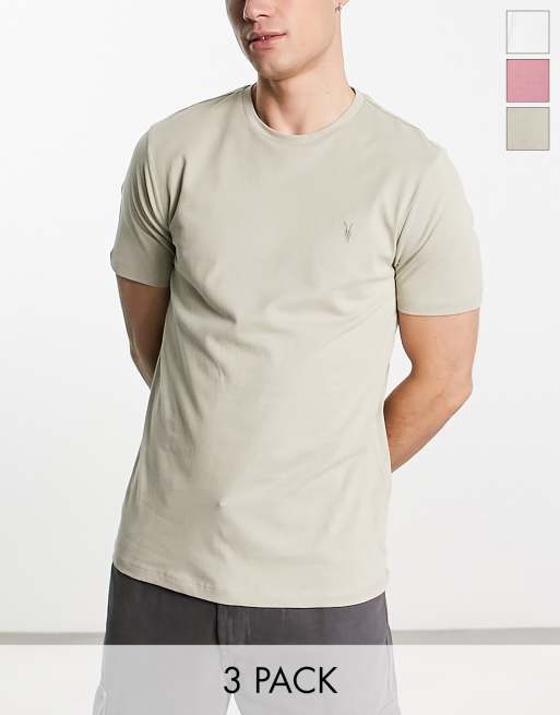 AllSaints - Brace - Lot de 3 t-shirts en coton brossé - Vert sauge/blanc/rose