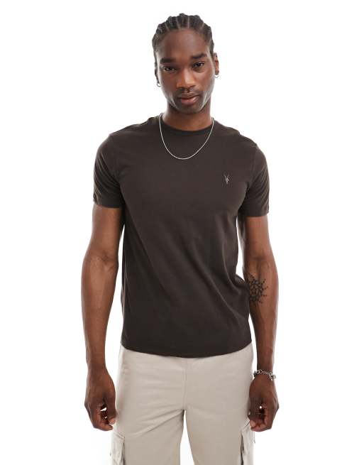 AllSaints – Brace – Mörkbrun t-shirt i borstad bomull