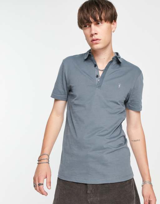 AllSaints Brace polo shirt in shadow blue Exclusive to ASOS