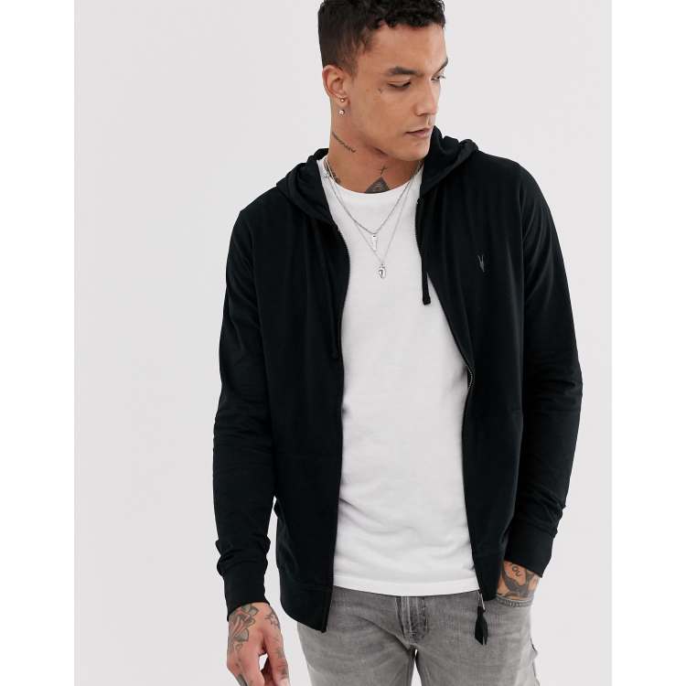 AllSaints Brace zip through hoodie with ramskull in black ASOS