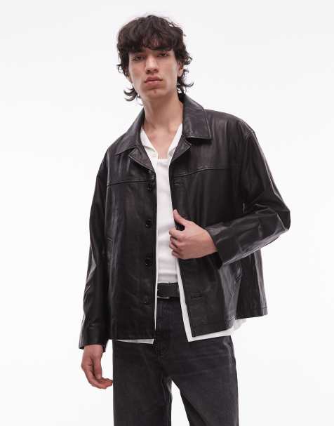 AllSaints Bradwell button up leather jacket in black - BLACK - view 1