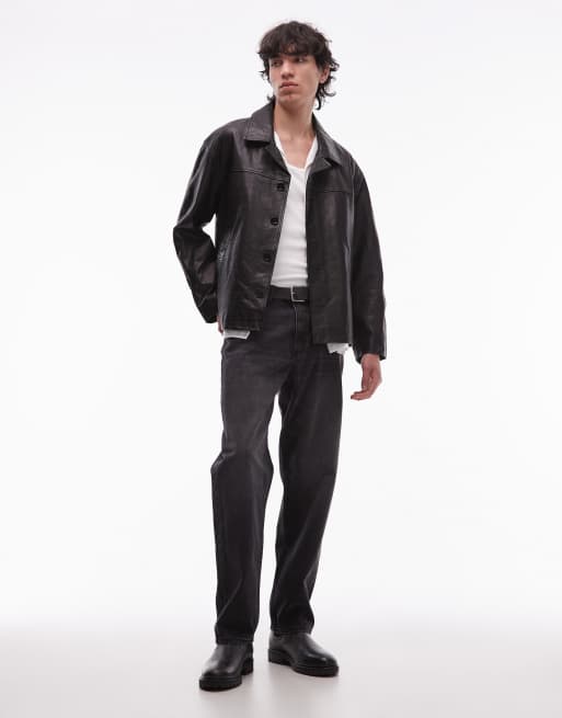 AllSaints Bradwell button up leather jacket in black - BLACK, 2 of 5
