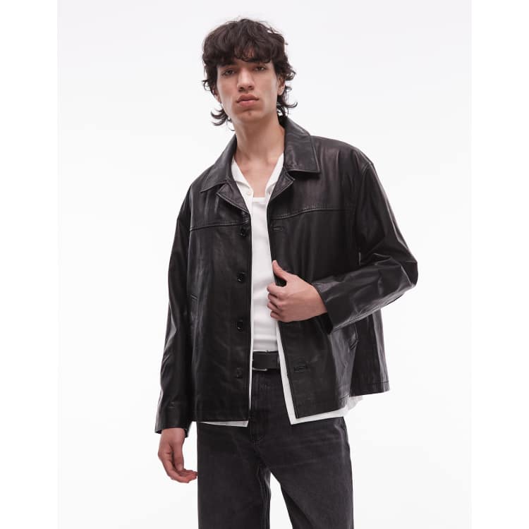 AllSaints Bradwell button up leather jacket in black | ASOS