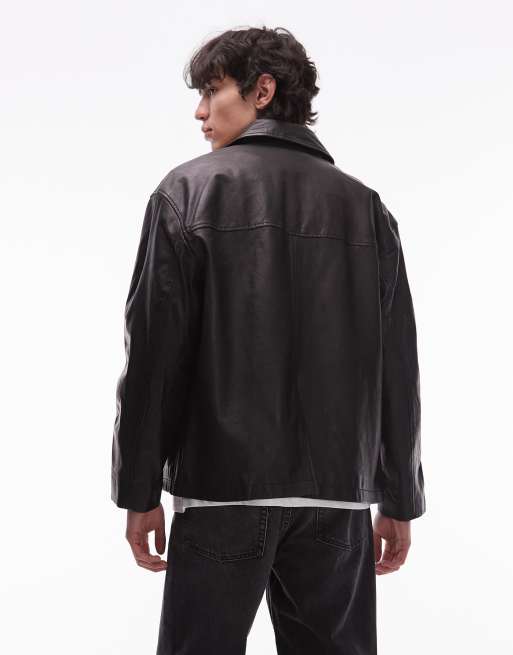 AllSaints Bradwell button up leather jacket in black, 3 of 5