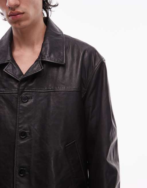 AllSaints Bradwell button up leather jacket in black, 5 of 5